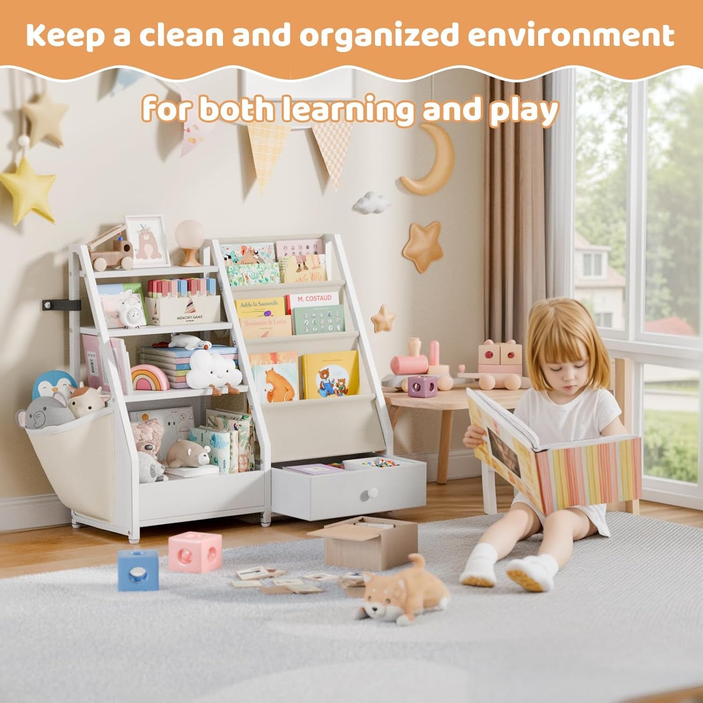 Kids Bookshelf and Toy Storage - Kids Book Shelf for Kids Rooms, Toddler Bookshelf Baby Bookcase for Nursery, Montessori Toy Organizer, White