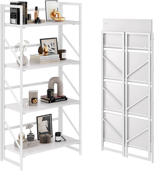 JSB No Assembly Folding Bookshelf, 4 Tier Industrial Metal Book Shelf for Storage, Vintage Wood Foldable Bookcase for Living Room, Bedroom, Office Organization Shelves