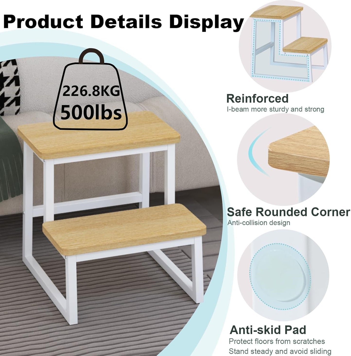 Step Stool for Adults & Kids,Holds up to 500Lbs,Heavy Duty Sturdy Steping Stool for Kichen/Bathroom/High beds, Wooden&Metal Frame, Non-Slip Rubber Pads