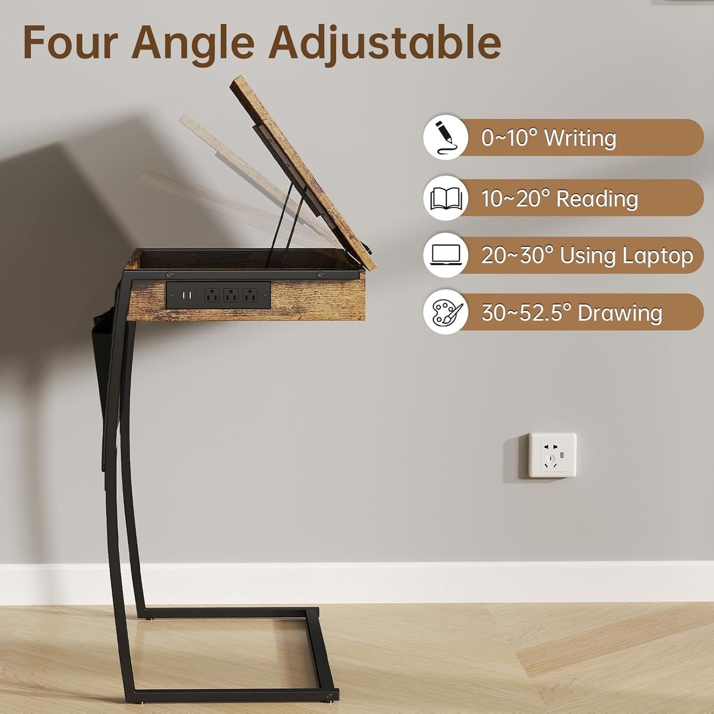 Hadulcet TV Tray Tables, Laptop Stand for Couch, C Shaped End Table with Charging Station, Couch Tables That Slide Under, Bed Desk for Eating, Couch Desk for Laptop, Rustic Brown