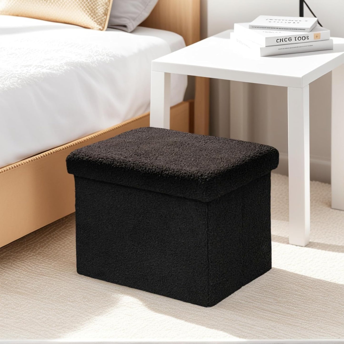 16.5 Folding Storage Ottoman Cube - Small Footrest with Sherpa Top, Multi-Functional Storage for Bedroom, Living Room, Black
