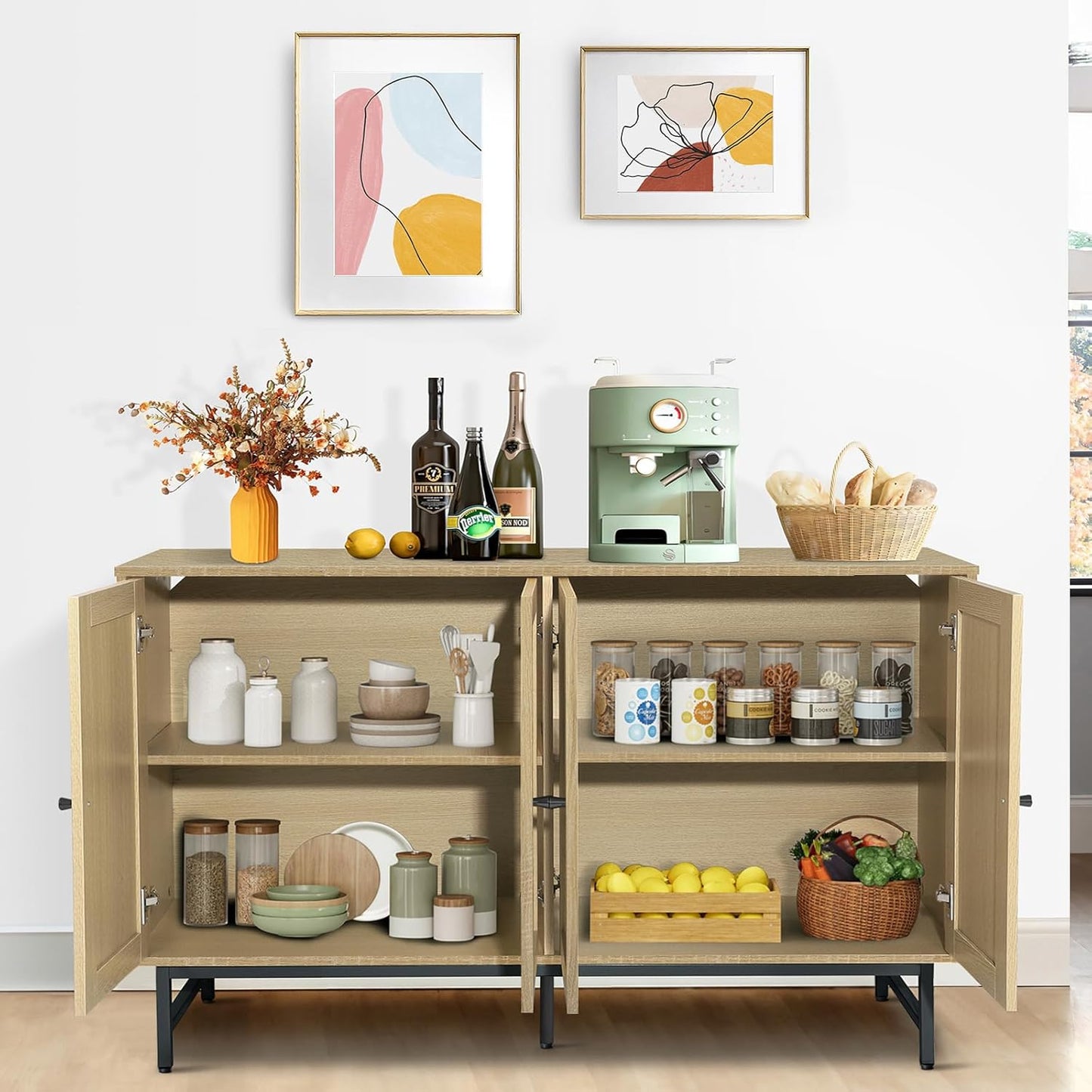 Sideboard Buffets Cabinet with 4 Rattan Doors, Large Storage Accent Cabinet Credenzas Modern Console Table for Living Room, Kitchen (Natural)