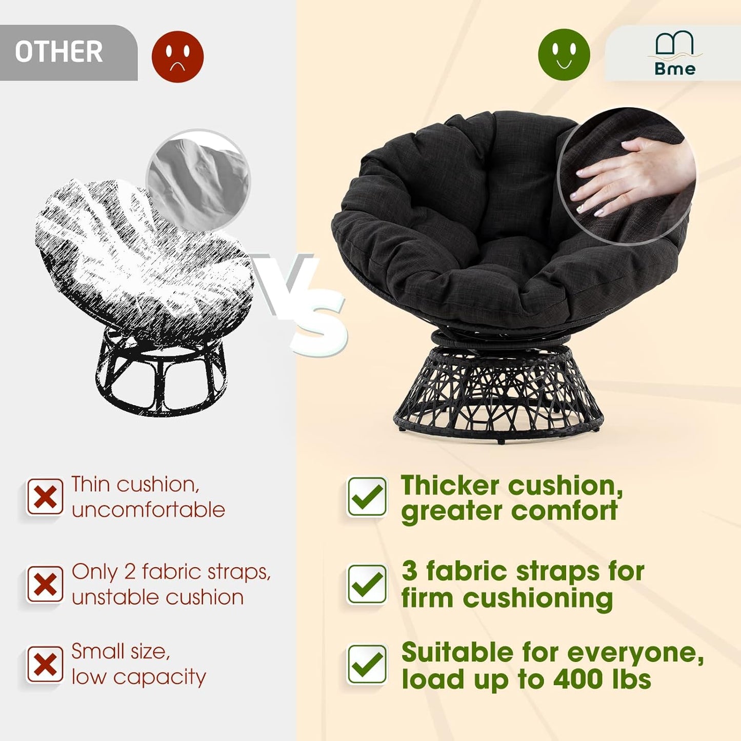 Bme 40" Ergonomic Wicker Papasan Chair with Soft Thick Density Fabric Cushion, High Capacity Steel Frame, 360 Degree Swivel for Living, Bedroom, Reading Room, Lounge, Onyx Stone - Black Base