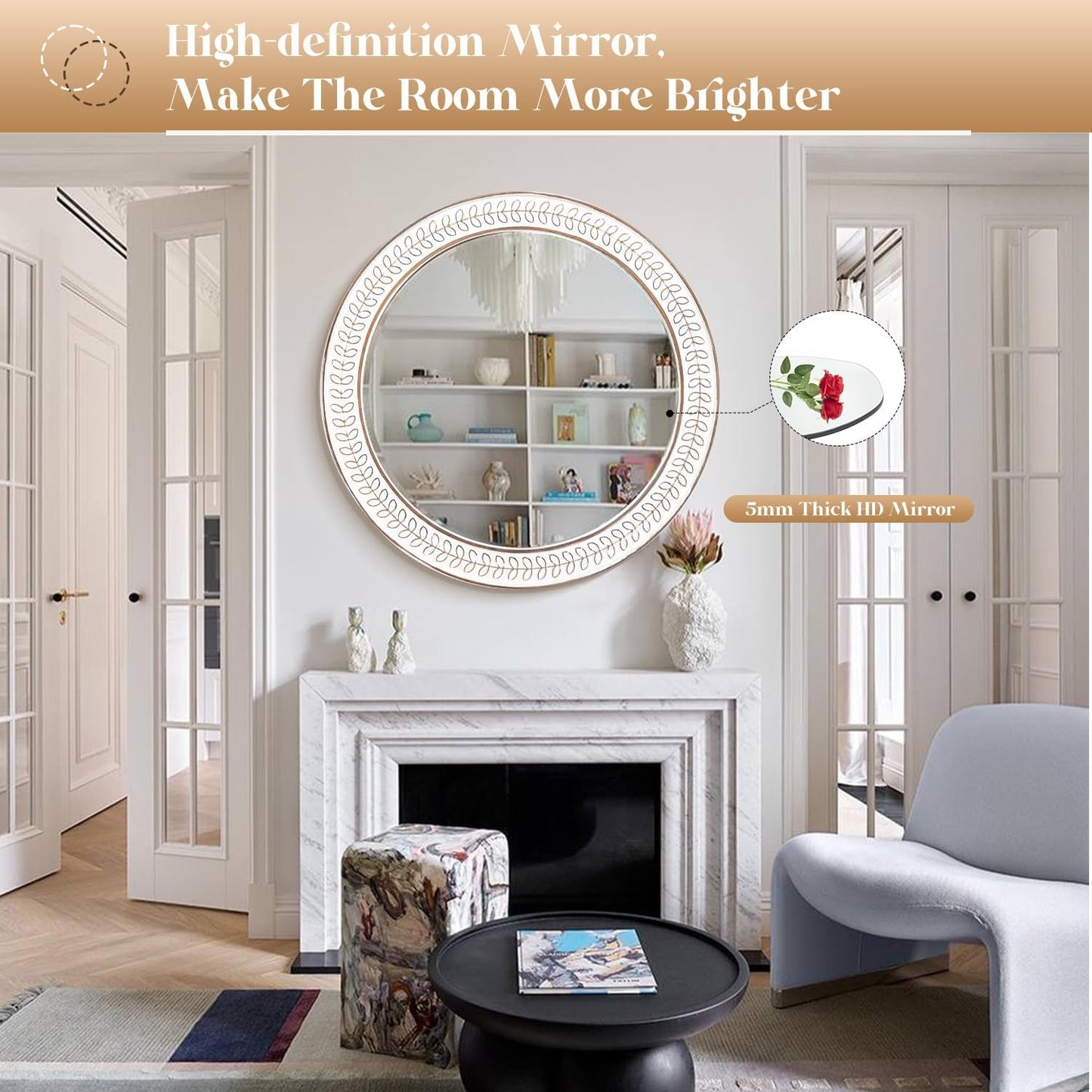 26 inch Round Mirrors for Wall Wood Circle Mirror with Carved Frame Rustic Accent Distressed Decorative for Living Room Bedroom Vanity Entryway Hallway Bathroom - White