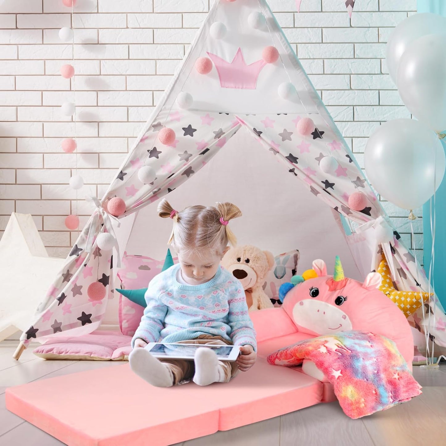 Unicorn Kids Couch Fold Out 2-in-1 Toddler Sofa Fold Out with Blanket, Soft Toddler Chair Comfy for Boys Girls Baby, Convertible Sofa to Lounger for Napping Reading Playing Christmas, Pink
