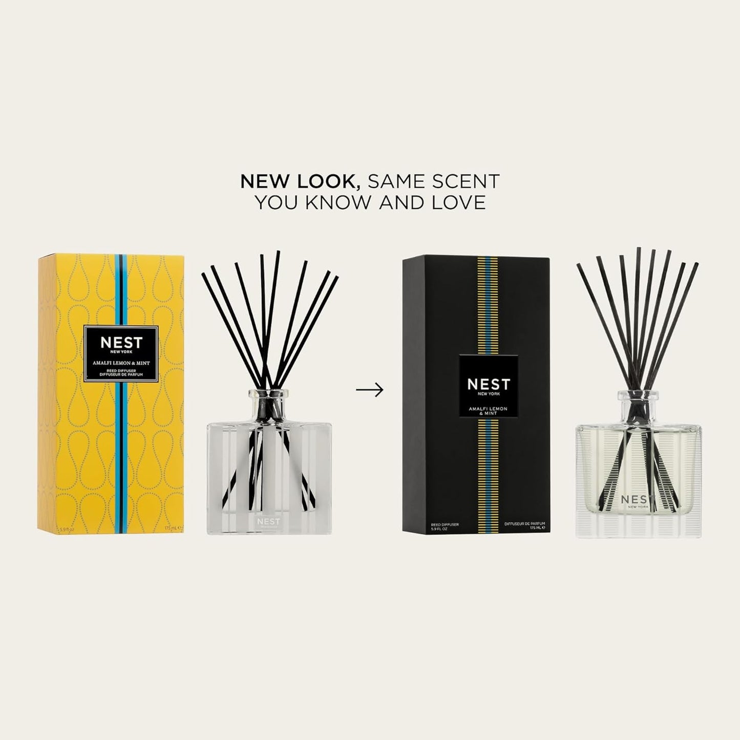 NEST New York Reed Diffuser, Amalfi Lemon & Mint - 5.9 fl oz - Fragrance for Up to 90 Days - Reusable, Refillable Glass Holder - Includes 8 All-Natural Reed Sticks - Flame Free