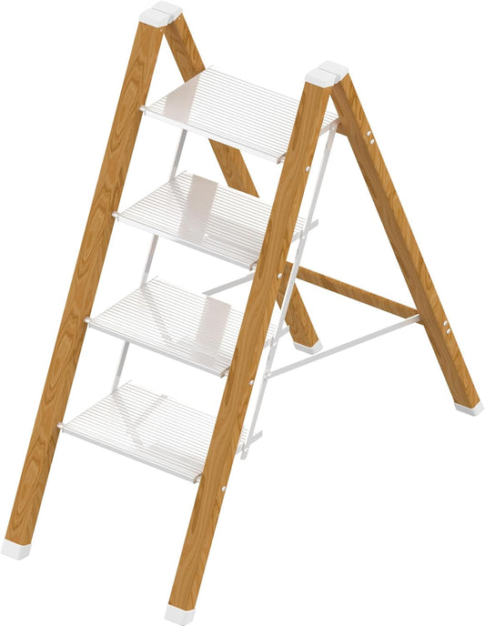 Lightweight Folding Step Ladder Household, Aluminum 4 Step Ladder Foldable for Home, Sturdy Step Stool for Adults 330 Lbs - White & Wood Grain