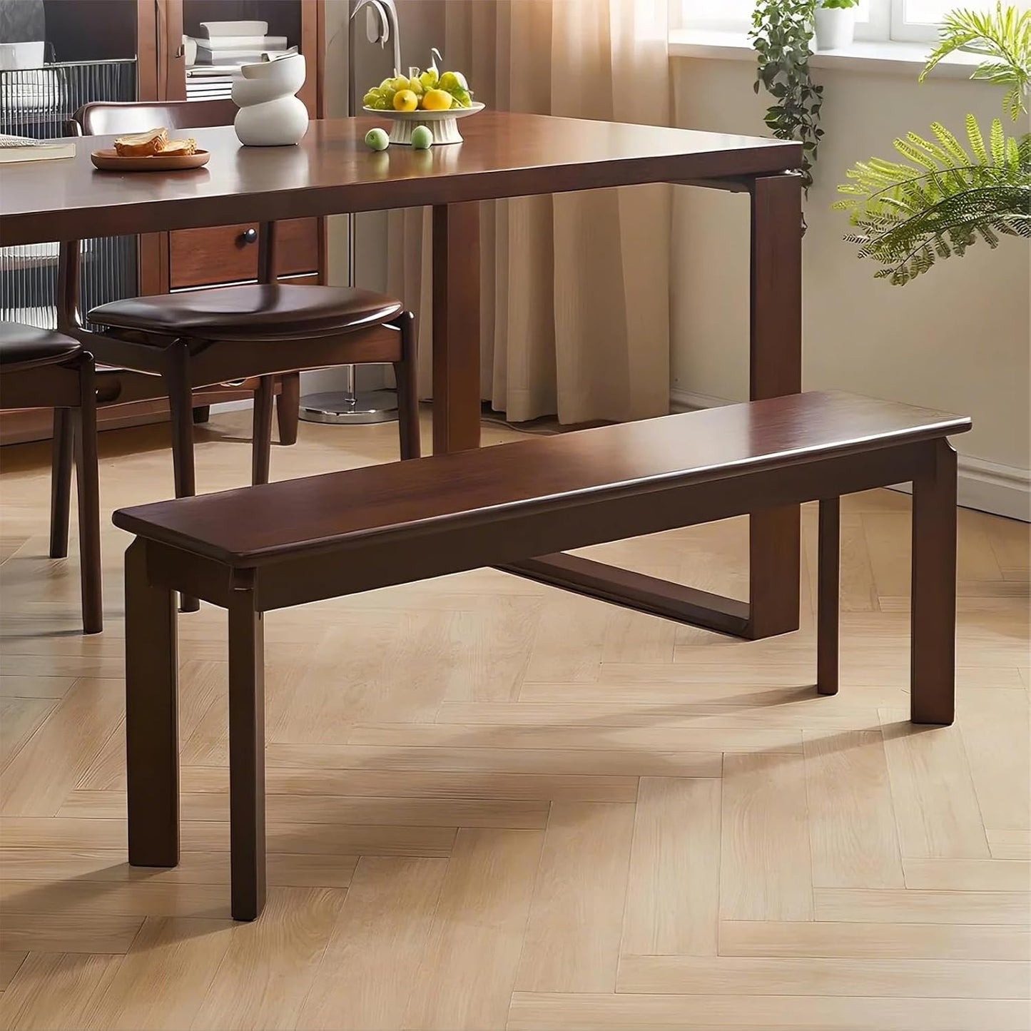 Dining Bench, Solid Wood Bench with Wide Seat, Mid Century Modern Bench, End of The Bed Bench, 47.2" L x 11" W x 16.5" H(Walnut)