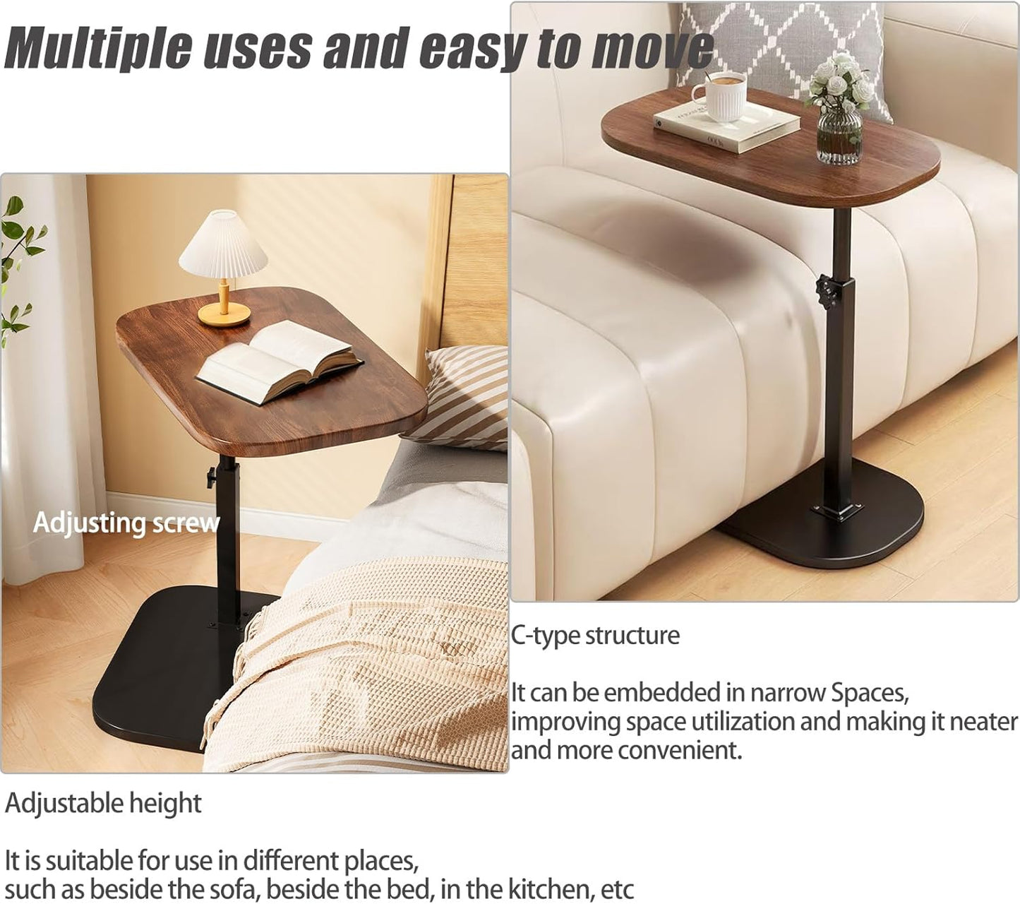 Pedestal C-Shaped Adjustable Small End Tables for Small Spaces Side Table，Desktop can Turn 360° and The Height of The Sofa Side Table can be Adjusted（Walnut Desktop + Black Bottom）