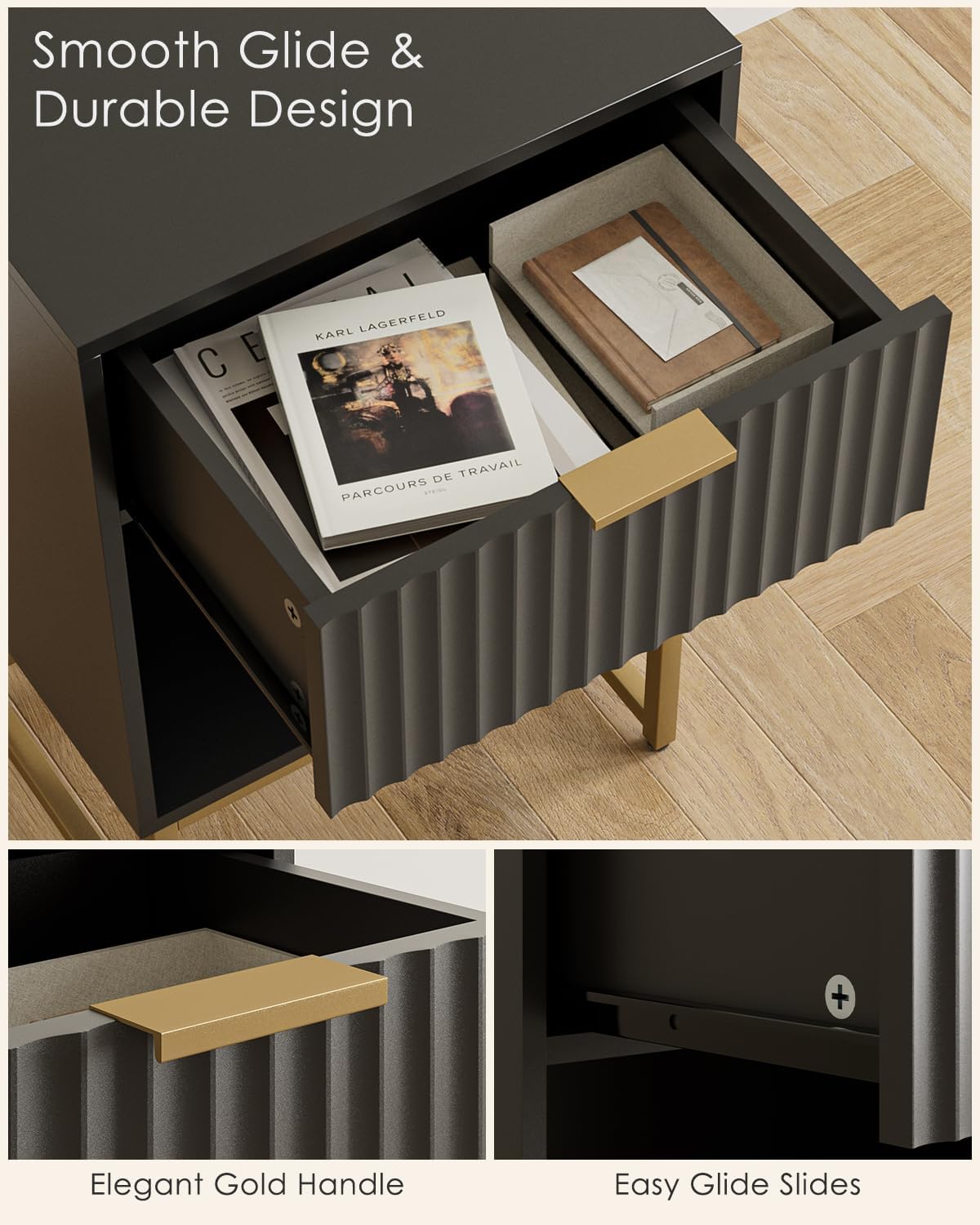 Masupu Fluted Nightstand,Modern Night Stand Wood Bedside Table with Storage Drawer Side End Table for Bedroom,Living Room,Office,Black