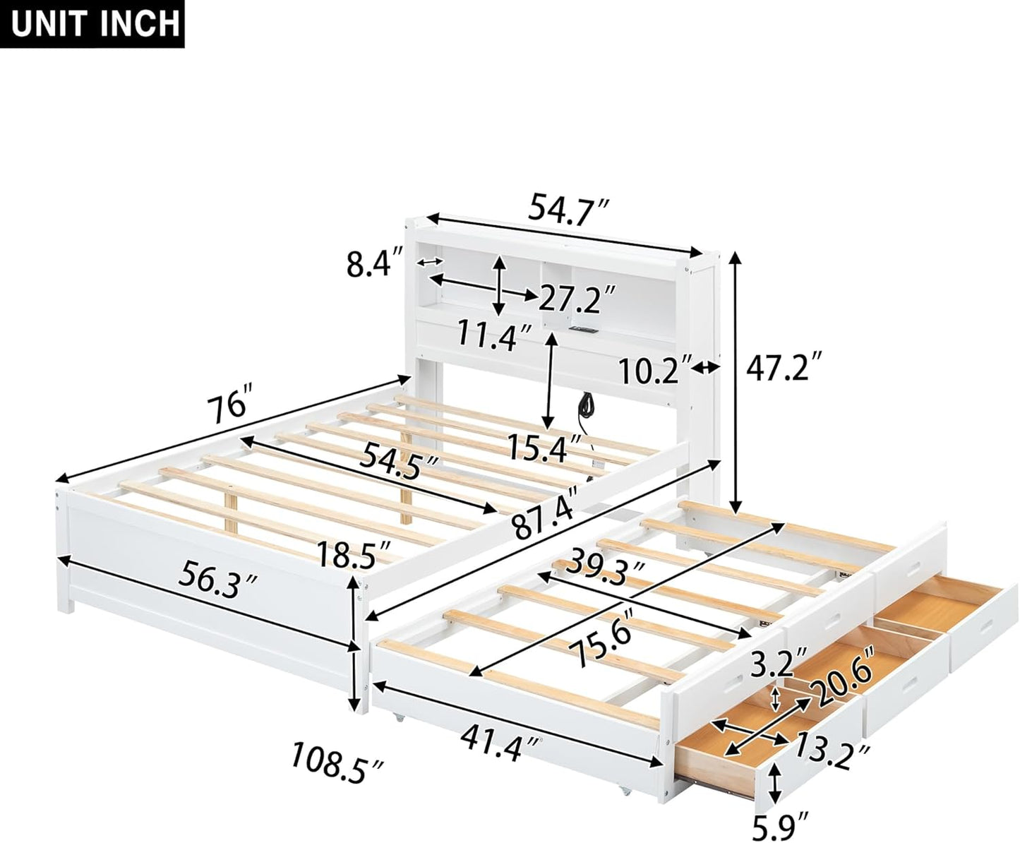 Full Size Pine Wood Platform Bed with Trundle,Drawers,2 Ports and 2 USB Plugs,Storage Bed with Pull Out Shelves,No Box Spring Needed,Perfect for Adults,Teens Bedroom Furniture,White