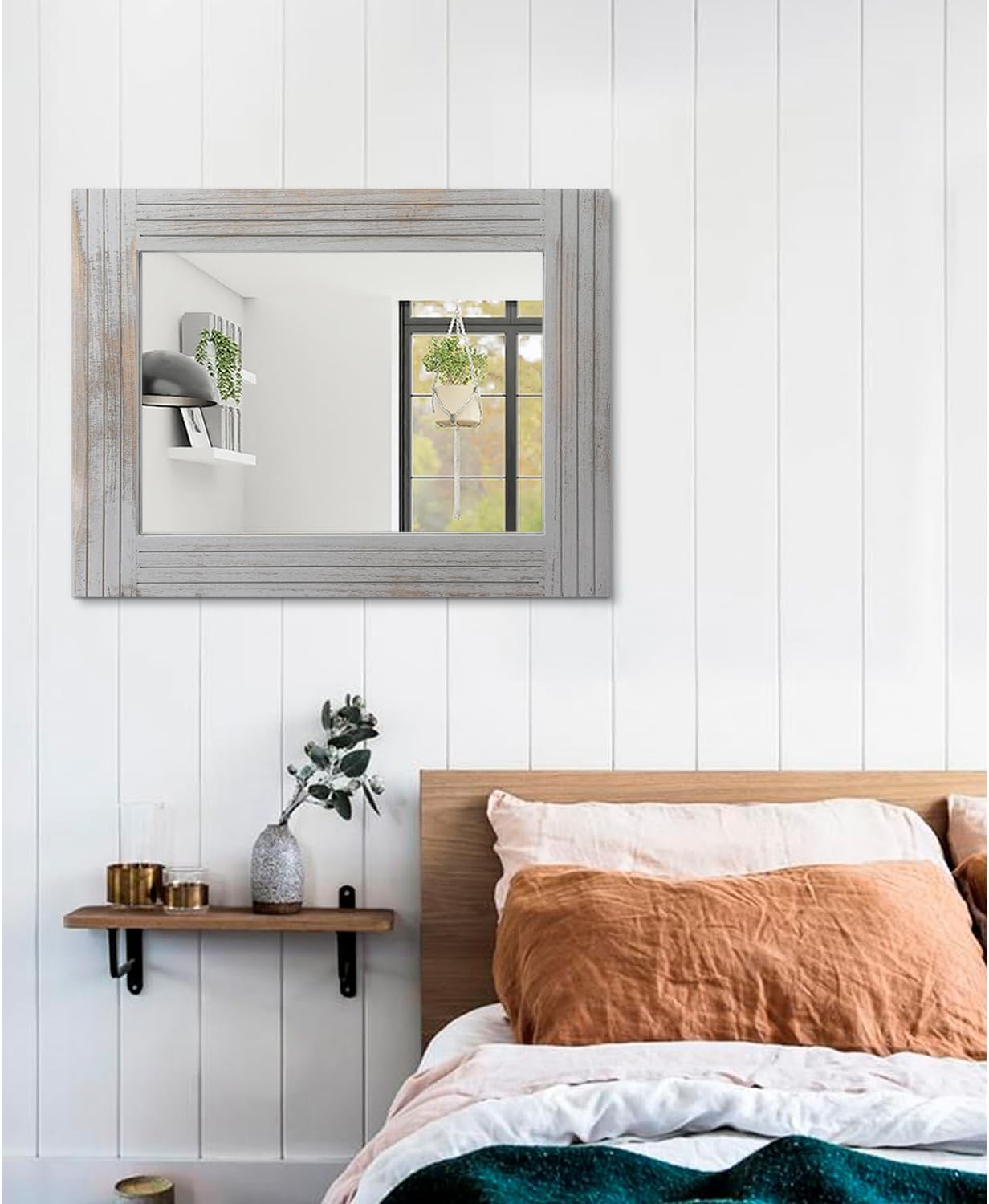 Large Rustic Wall Mirror, Rectangular Vintage Wood Framed Large Mirror Deco Farmhouse Living Room Bathroom Bedroom Entrance Mirror Light Gray 26" x 18"