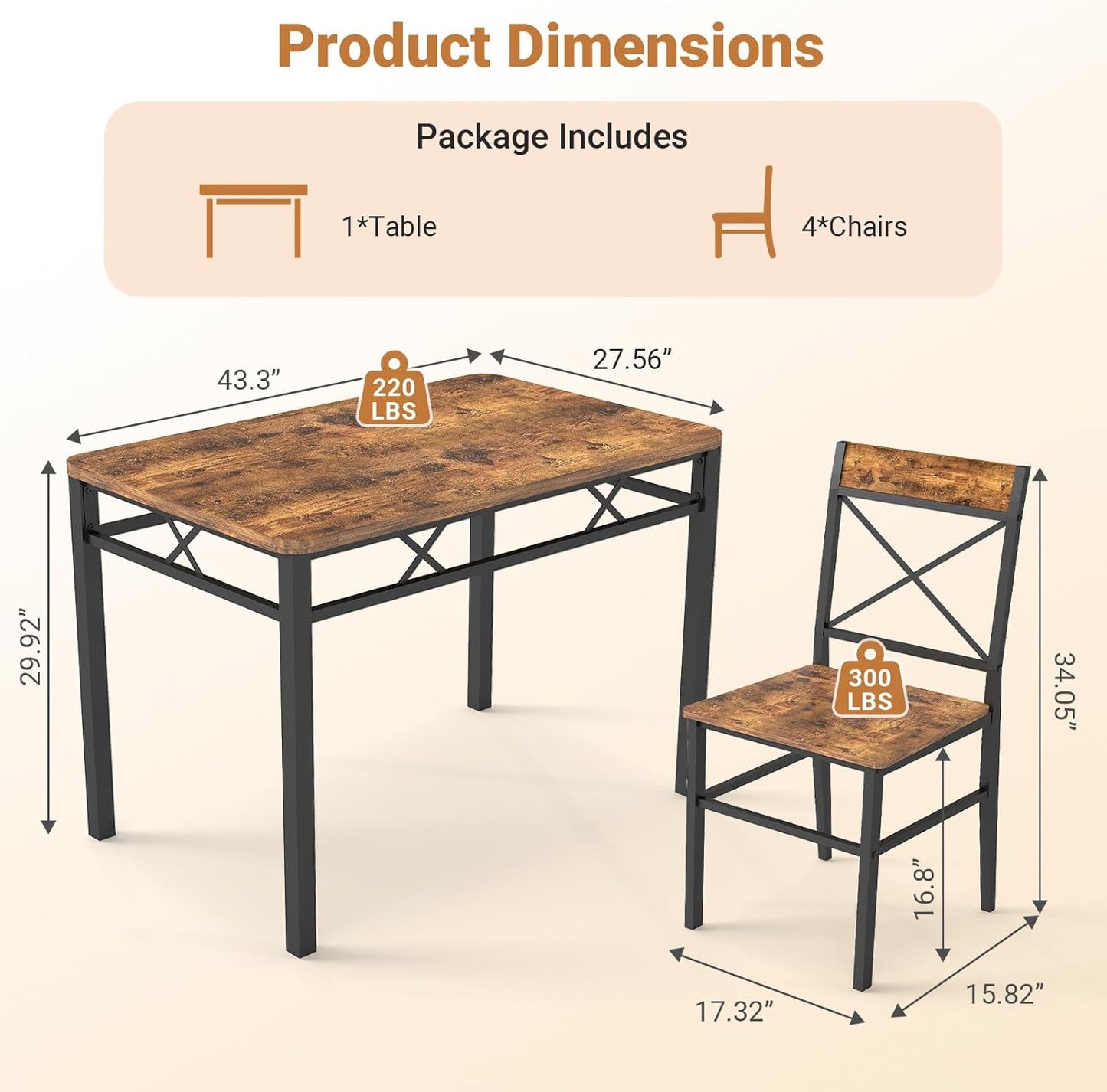 5-Piece Dining Table Set, Dining Table Set for 4, Small Kitchen Table Set for 4, Wood Dining Room Table, with 4 Curved Backrest Chairs, Compact Dining Set for Small Spaces & Kitchen-Brown