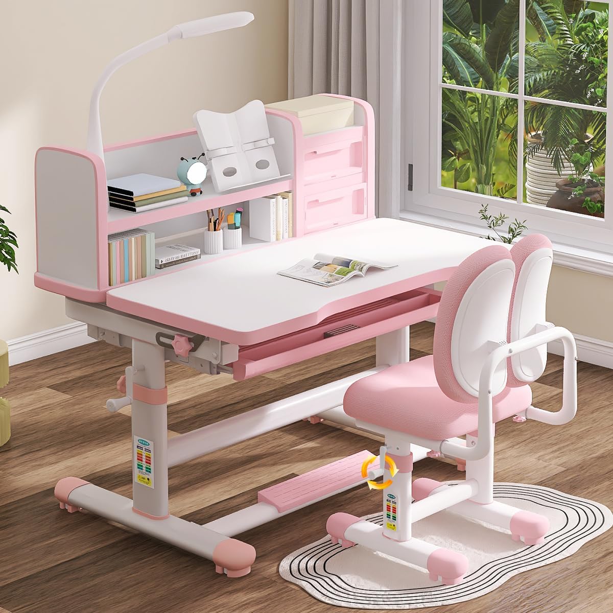 Kids Study Table and Chair Set Pink Adjustable Art Desk for Bedroom Girls Study Table with Large Writing Board Bookshelf and Drawer Kids Functional Desk and Chair Set with LED Light
