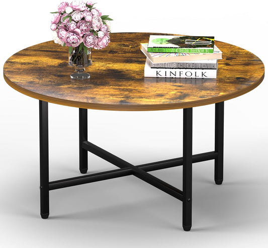 Round Coffee Table, 23.6" Small Coffee Tables for Living Room, Circle Coffee Table with Metal Frame, Floor Table Desk for Sitting on The Floor, Home, Office, Rustic Brown