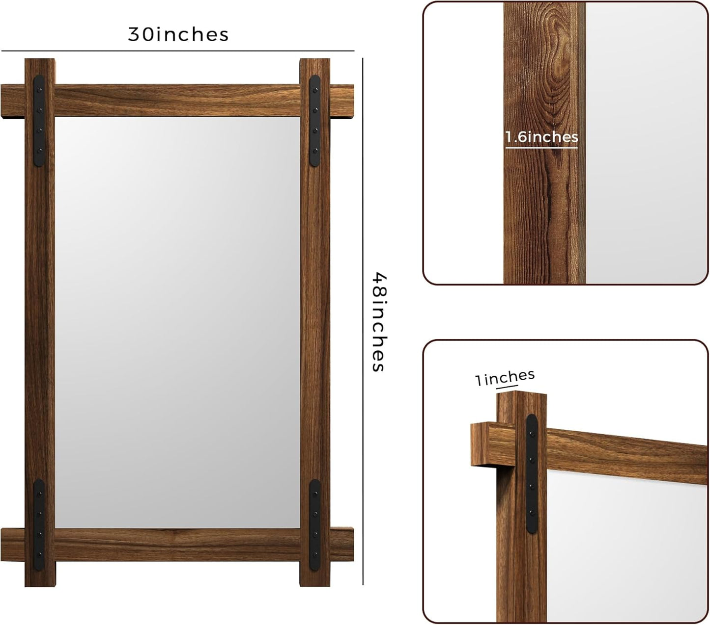 YOSHOOT Farmhouse Wood Bathroom Mirror, 48"x30" Rustic Wall Mirror, Round Corner Vanity Mirror for Decor, Vertical or Horizontal Hanging, Selected Wood, 100% Handmade