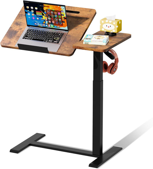 Standing Desk, Medical Overbed Table with Rolling Tray, Dual Pneumatic Angle and Height Adjustable Desk, Portable Side Table with Hidden Wheels, Home & Hospital Use, Rustic Brown