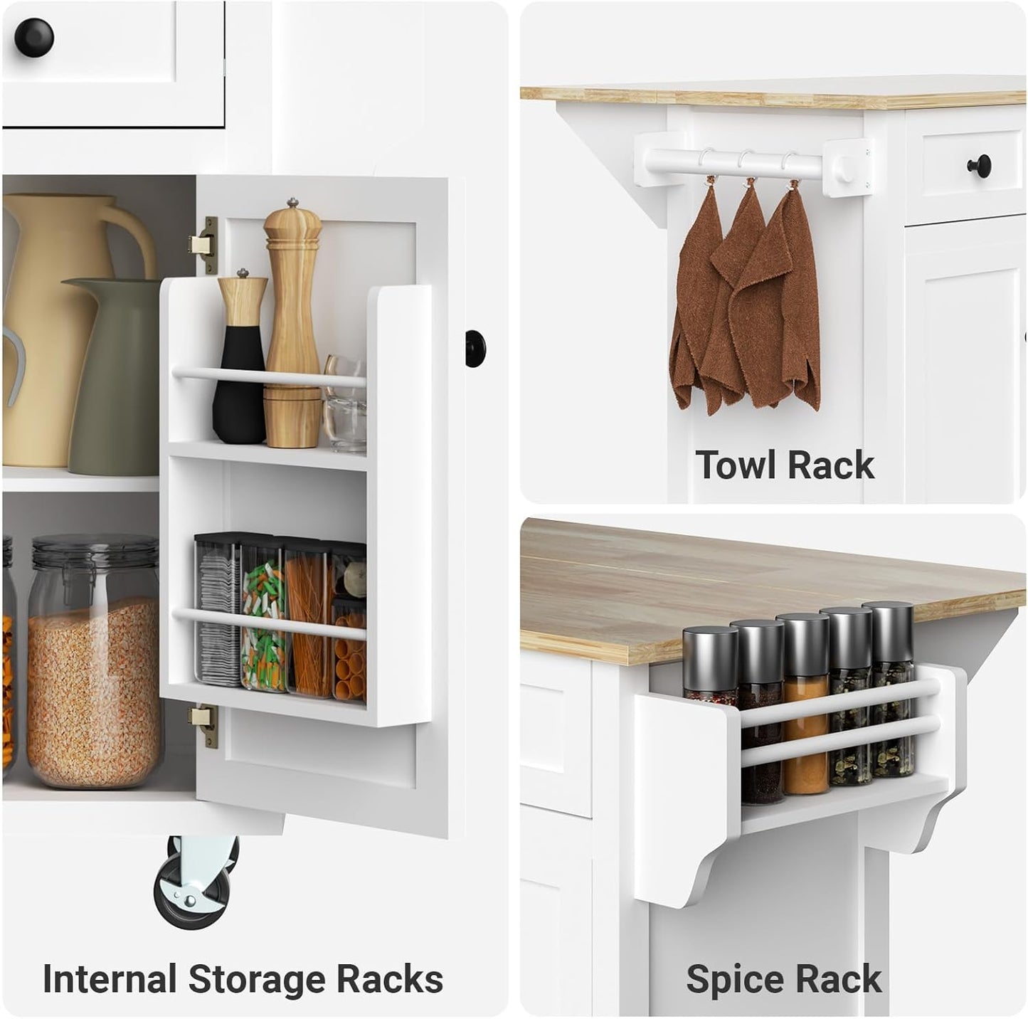 Rovibek Kitchen Island with Drawers 53 in Rolling Island Cart Mobile Solid Wood Portable Islands on Wheels with Storage Cabinet & Drawers, White
