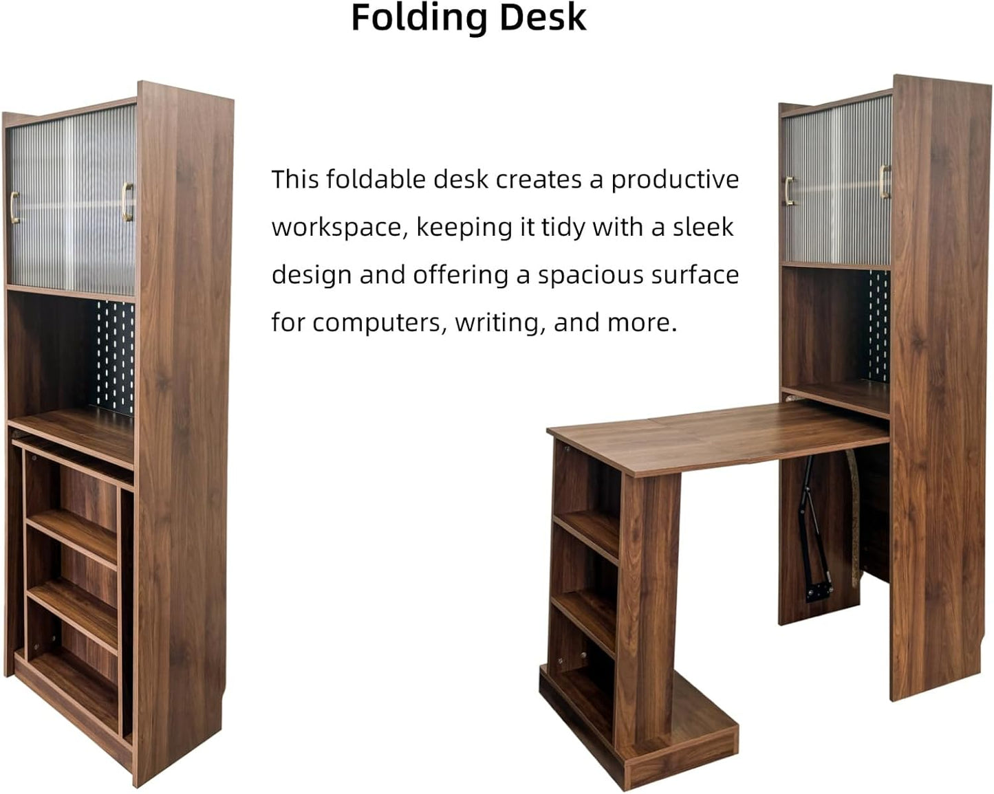 KEIKI Folding Home Office Desks with Pegboard, Glass Doors, Bookshelf & Storage Shelves, Modern Wooden Computer Table Workstation for Work, Study, Writing