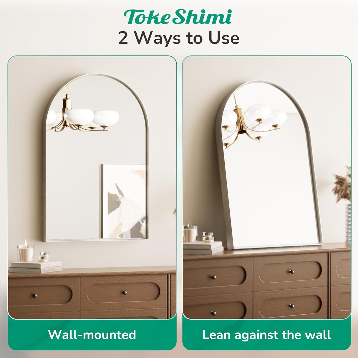 TokeShimi 26x38 Silver Arched Mirror Bathroom with Tempered Glass,Aluminum Frame,Arched Wall Mirror for Bathroom,Bedroom,Entryway