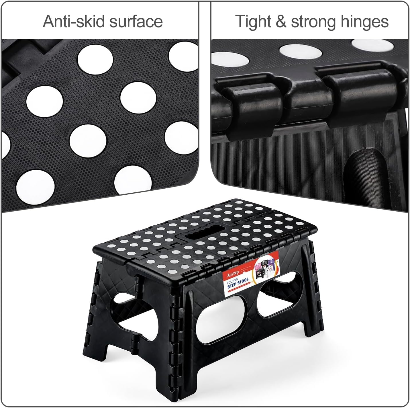 ACSTEP Folding Step Stool, 15-Inch Extra Wide 9Inch Height Heavy Duty Stepping Stool More Safe and Comfortable Non Slip Foldable Step Stool for Kids and Adults Black, 10 Pack