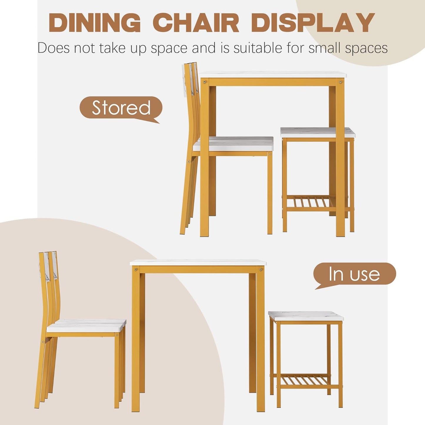 SogesHome 4-Piece Dining Table Set for 4 - Space-Saving Kitchen Set with Bench and Chairs, Ideal for Restaurants and Coffee Shops, Golden