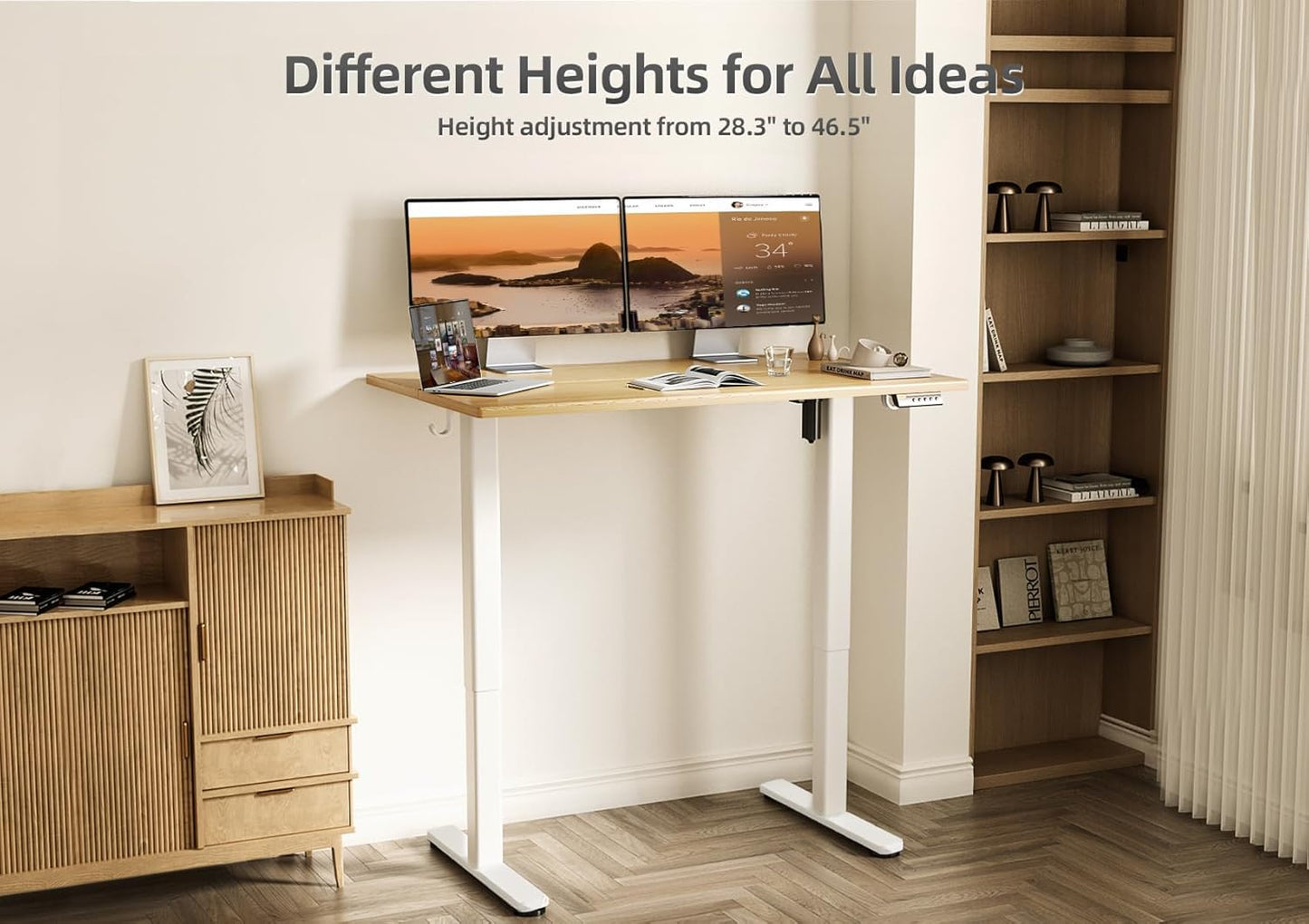 Claiks Bamboo Electric Standing Desk, Adjustable Height Stand up Desk, 40x24 Inches Sit Stand Home Office Desk with Splice Board, White Frame/BambooTop