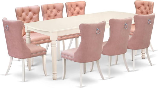 East West Furniture DODA9-LWH-23 9 Piece Kitchen Set Contains a Rectangle Dining Table with Butterfly Leaf and 8 Polyester Fabric Upholstered Chairs, Linen White