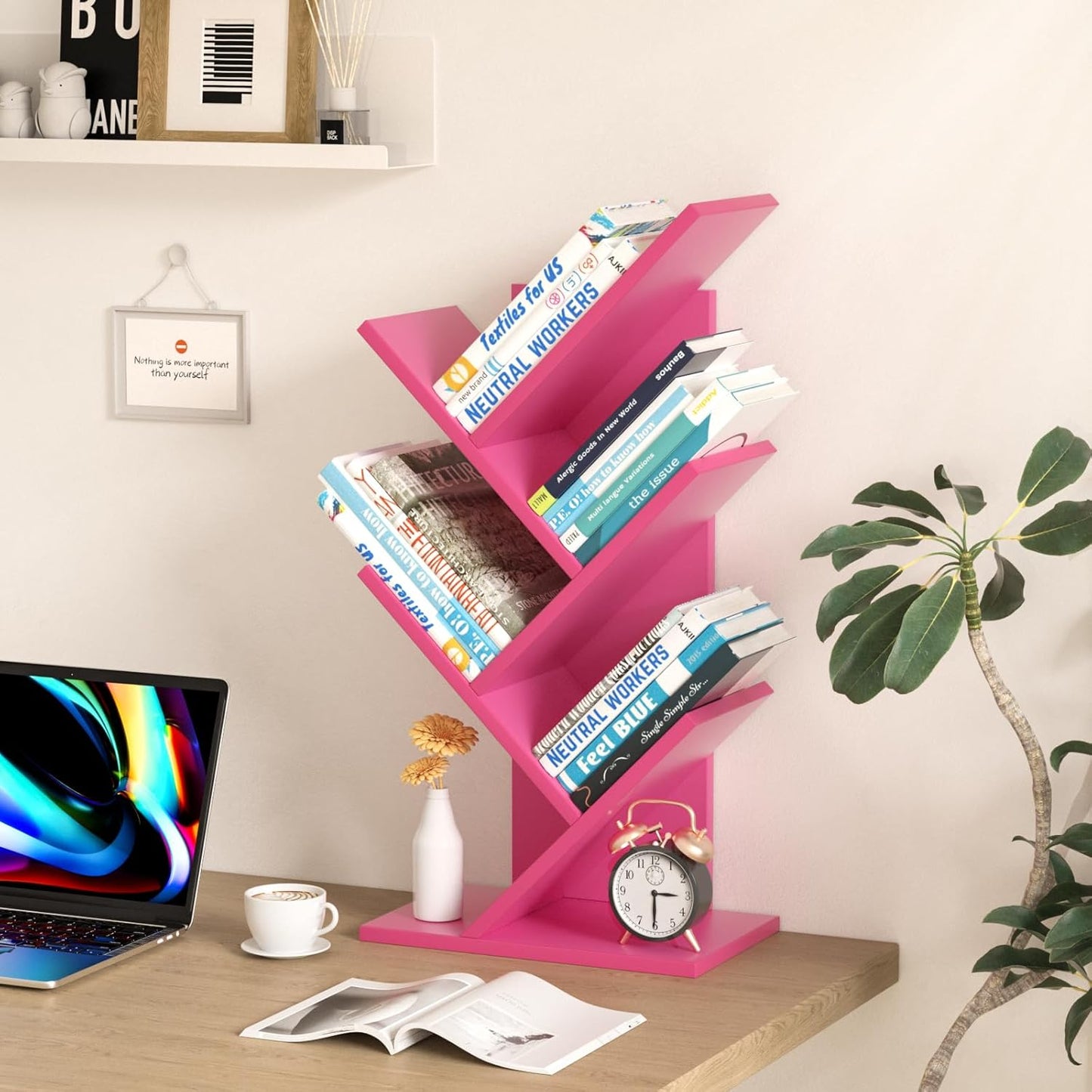 5 Tier Tree Book Shelf, Small Desktop Bookshelf with Storage Organizer, Wood Bookcase, Desk Display Bookshelves, Floor Standing Organizer Bookcases for Living Room,Bedroom,Office-Pink