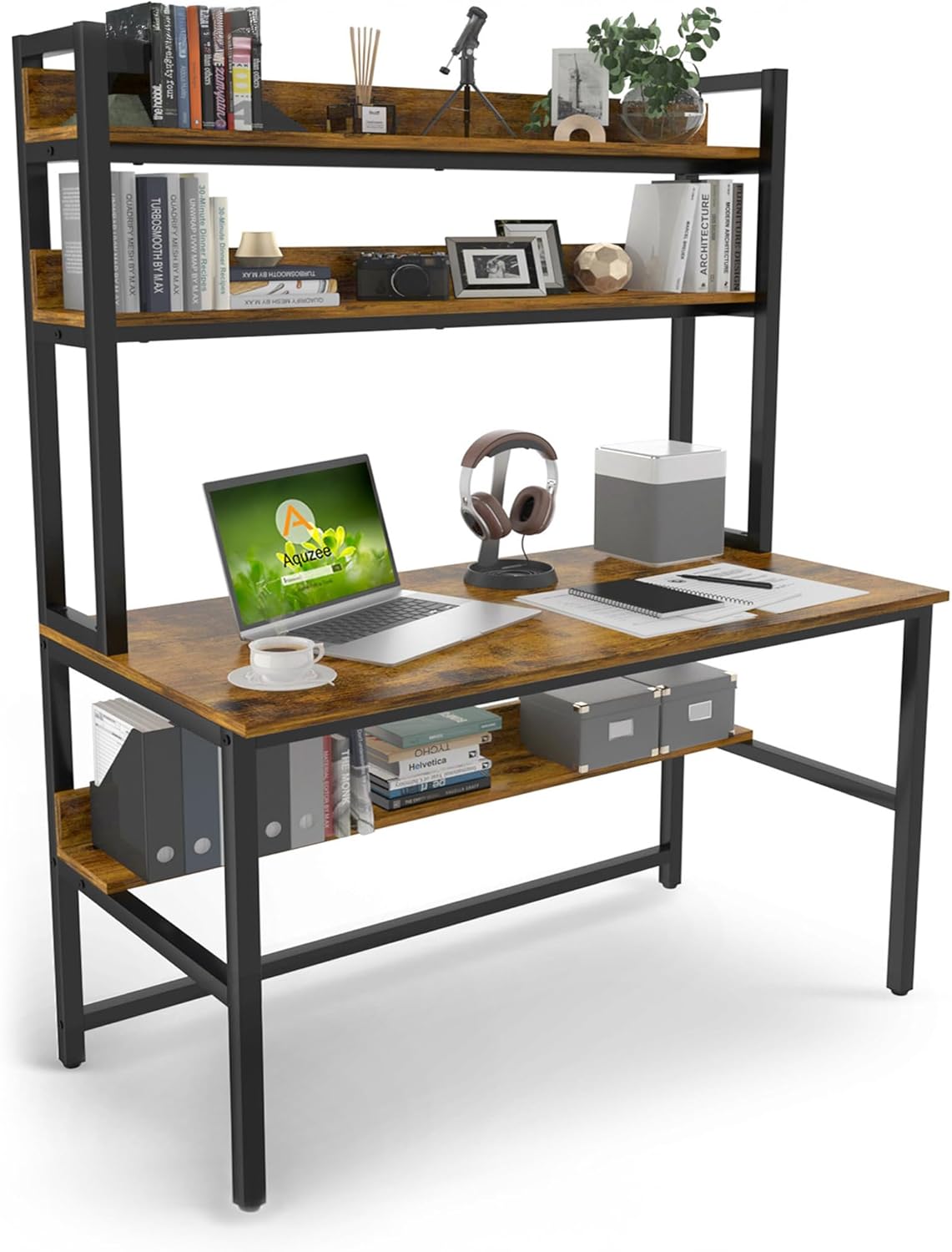 Aquzee Computer Desk with Hutch, 47“W x 23.6" D Desk with Shelves, Tall Home Office Desk with Bookshelf, Metal Legs Study Table with Upper Storage Shelf for Study Writing/Workstation