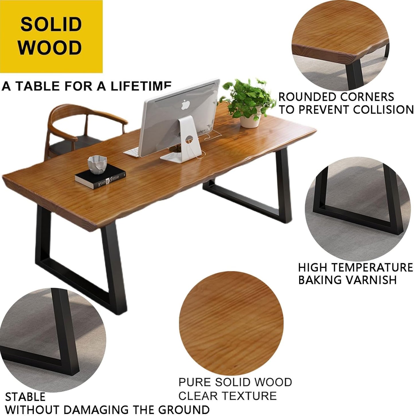 Solid Wood Administrative Computer Desk - Rustic Style Large Office Desk, Modern Minimalist Workstation for Home, Ideal for Learning, Writing, and Professional Use (Dark Yellow, 55.12in)