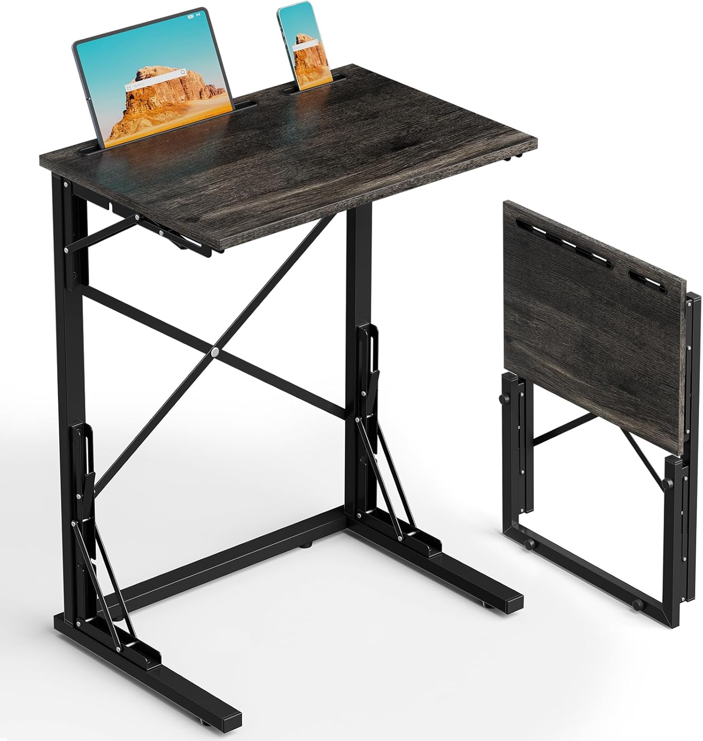 21''Wx28''H Folding TV Tray for Eating, Small Foldable C-Shaped Tray Table with Tablet and Phone Slots, Slide Under Couch Side Table for Recliner, Living Room, Bedroom, Deep Grey