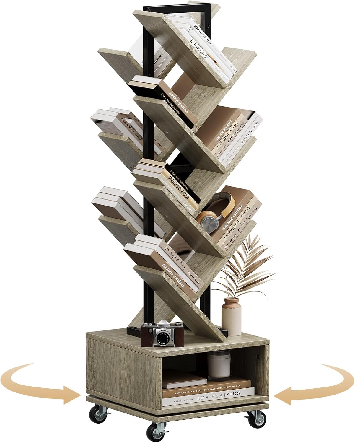 Double Sided Rotating Tree Bookshelf - 7-Tier Retro Floor Standing Bookcase, Wood Storage for Books, CDs, Movies, Perfect for Small Spaces in Bedroom, Living Room, Home Office, Grey