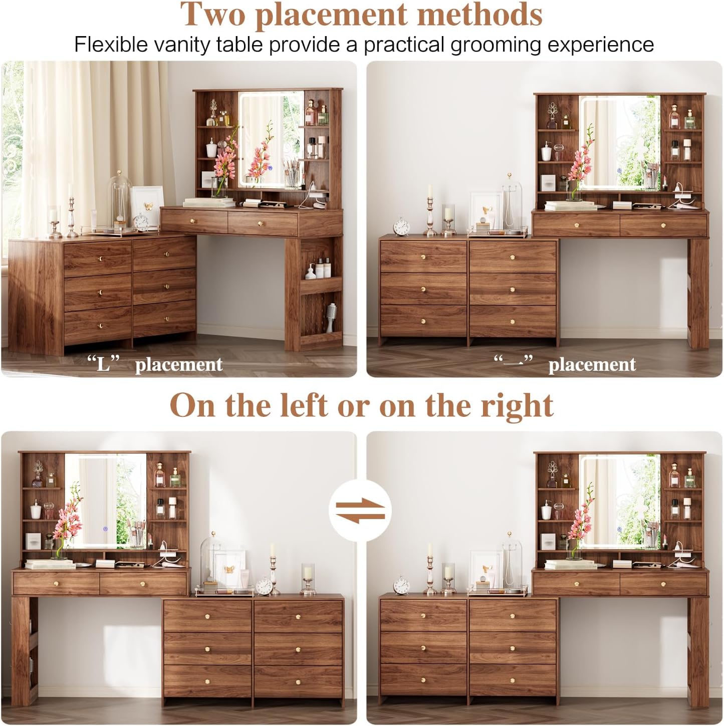 Large Makeup Vanity Desk with Mirror and Lights, Vanity Desk with 8 Drawers & Storage Shelves, Vanity Table with Power Outlet, 3 Color Modes & Adjustable Brightness Dressing Table, Bedroom,Walnut