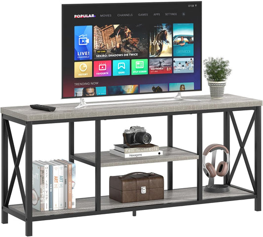 FOLUBAN Modern TV Stand for TV up to 65 Inch, Rustic Wood Entertainment Center with Storage Shelves, Industrial Media TV Console for Living Room, Farmhouse TV Table for Bedroom, 55 Inch Light Grey