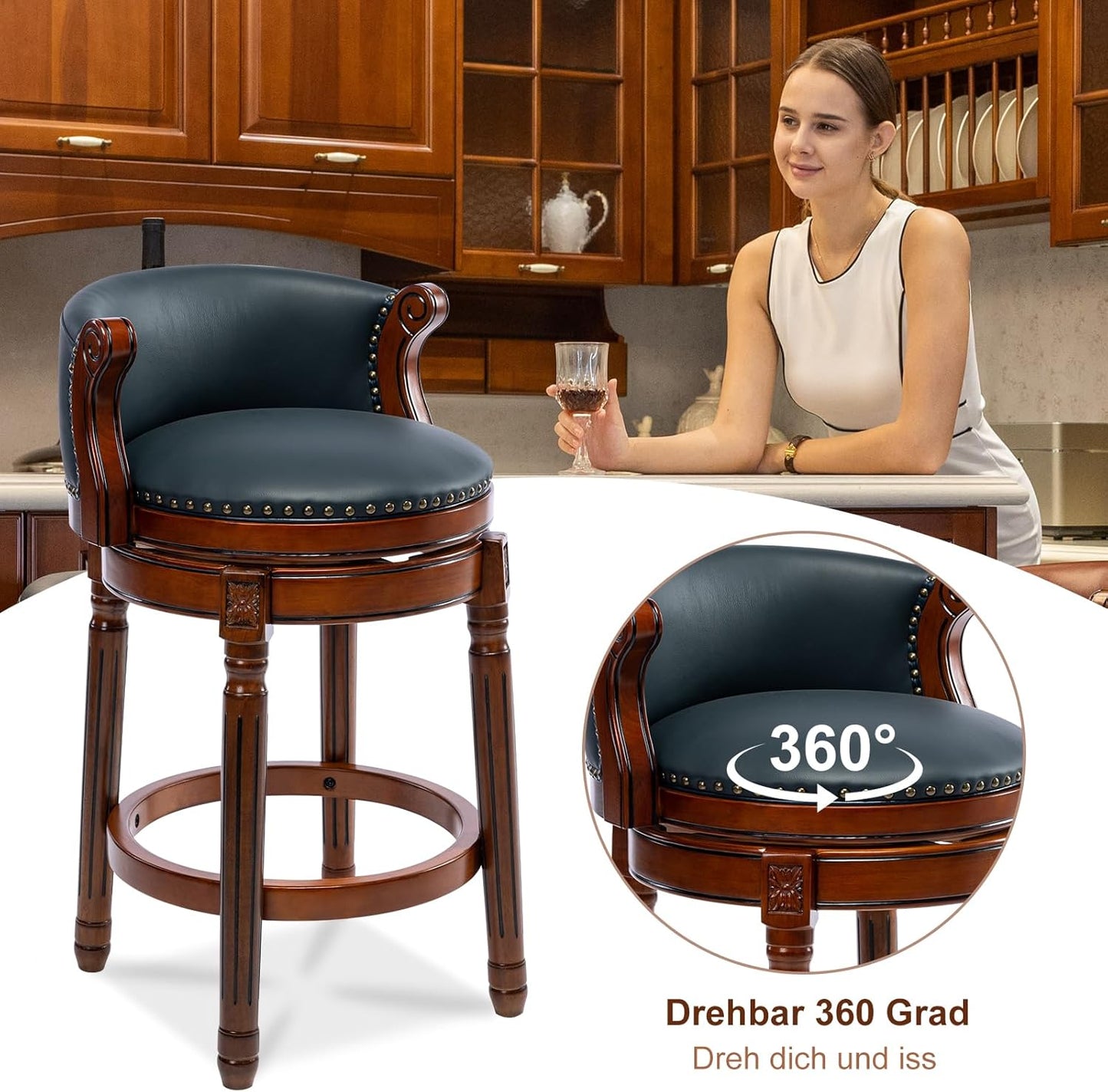 Cow top Leather Wooden Bar Stools, 26" Counter Height Bar Chair with Back, 180 Degrees Swivel Barstools Chair for Home Kitchen Counter,Dining Room, Restaurant