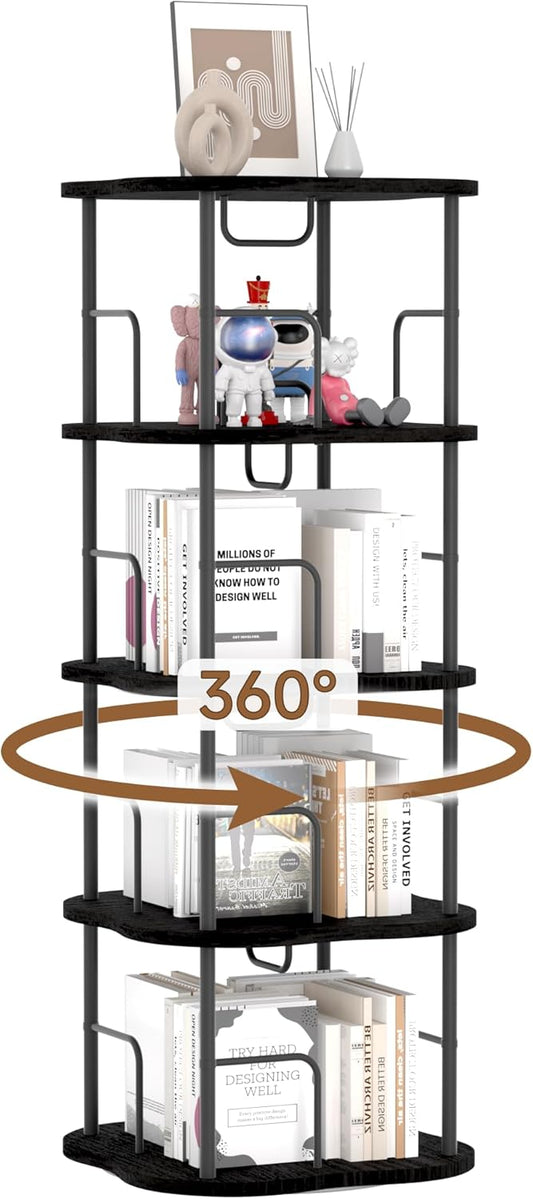 4-Tier Rotating Book Shelf, 360° Display Spinning Bookshelf Tower, Book Organizer, Floor Standing Bookcases for Small Space, Corner Book Shelf for Bedroom, Living Room, Study Room (Black)
