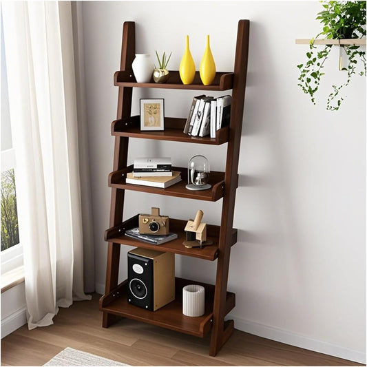 5-Tier Wooden Ladder Shelf Bookcase, H 55" Walnut Ladder Bookshelf Freestanding Storage Shelves Rack Organizer for Living Room, Home Office and Bedroom