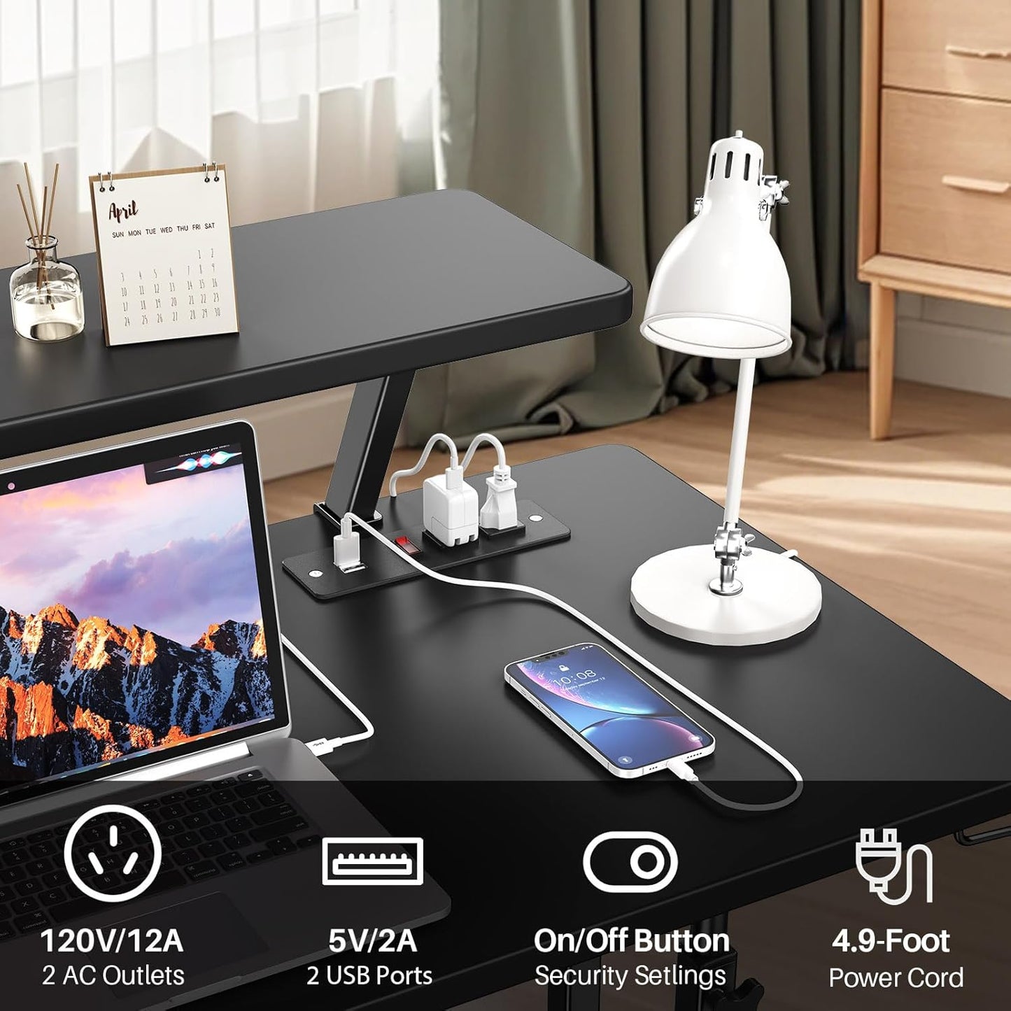 Adjustable Height Standing Desk with Power Outlets, Rolling Stand Up Desk with Monitor Stand and Storage Shelves, 31.5" Small Mobile Computer Desk, Portable Laptop Table (Black with Monitor Stand)