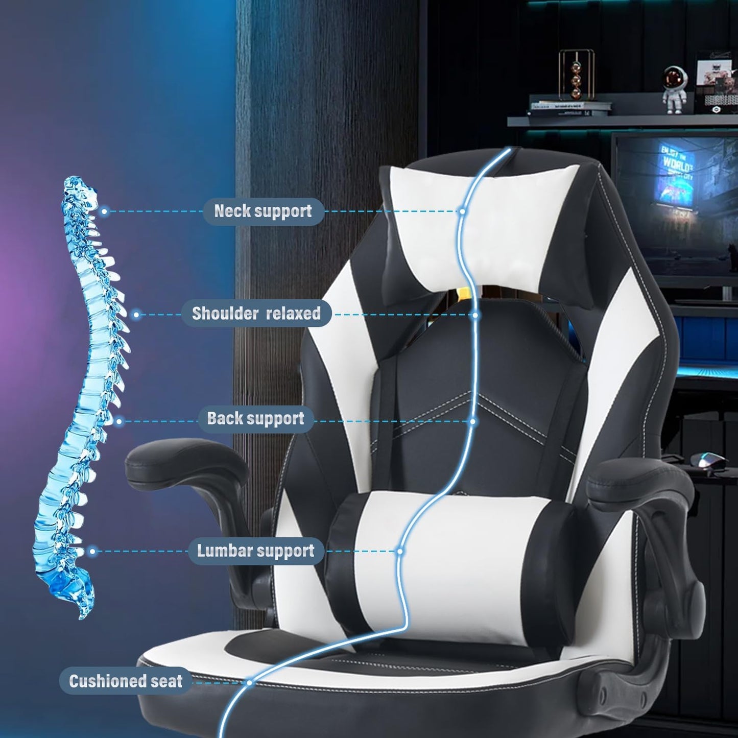 OLIXIS Computer Gaming Desk Chair - Ergonomic Video Game with Comfy Lumbar Support and headrest, PU Leather with Flip-up Arms, Adjustable Height and Swivel Wheels, for Adults, Black