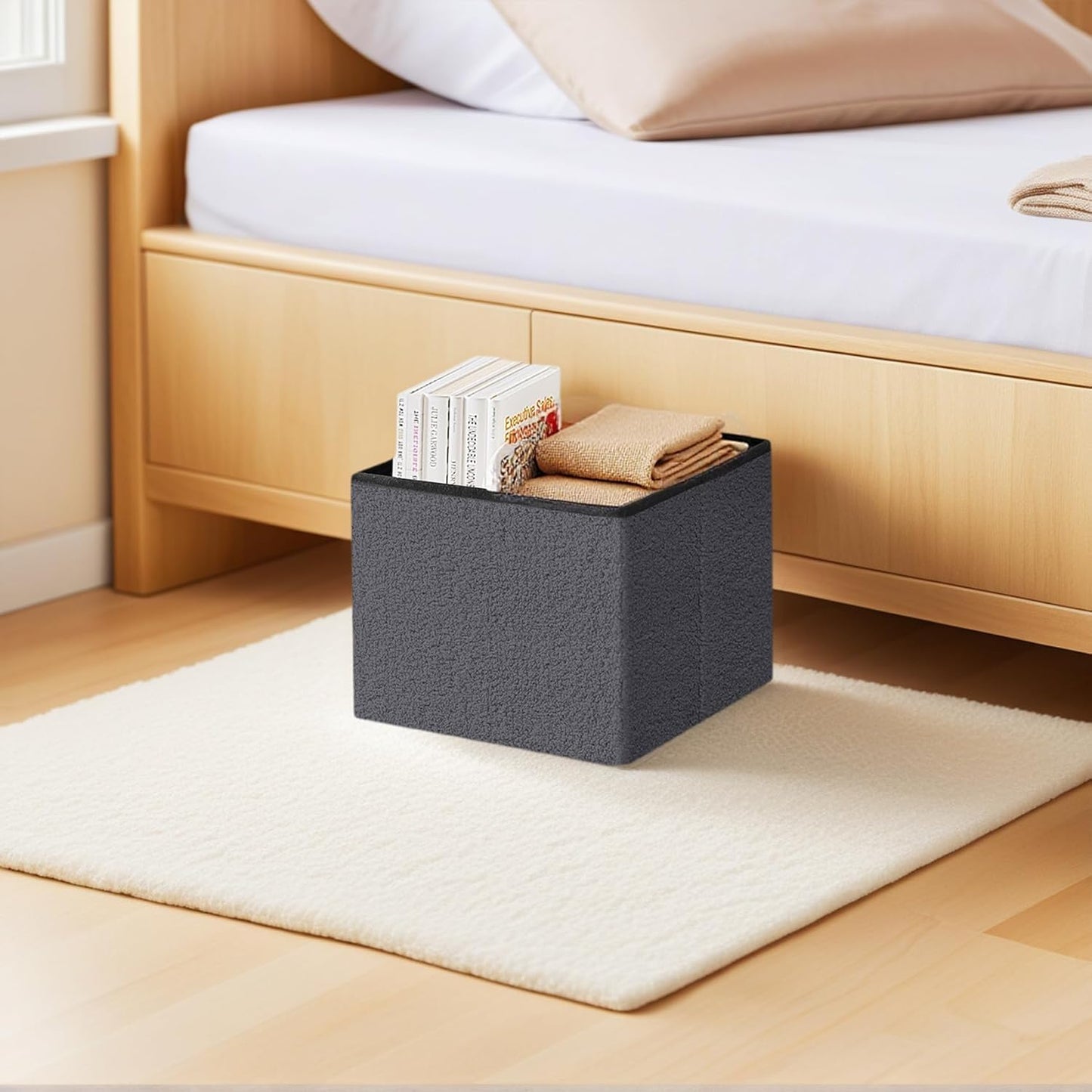 16.5 Folding Storage Ottoman Cube - Small Footrest with Sherpa Top, Multi-Functional Storage for Bedroom, Living Room, Grey