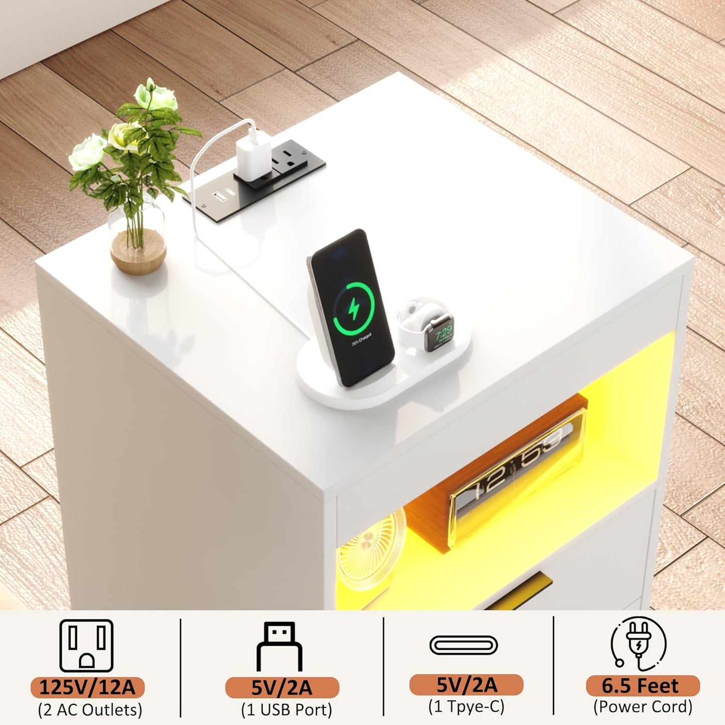Gadroad LED Nightstand with Charging Station, Bedside Table with 3 Drawers and LED Lights, End Table Sofa Couch Side Table with Pull-Out Shelf, White