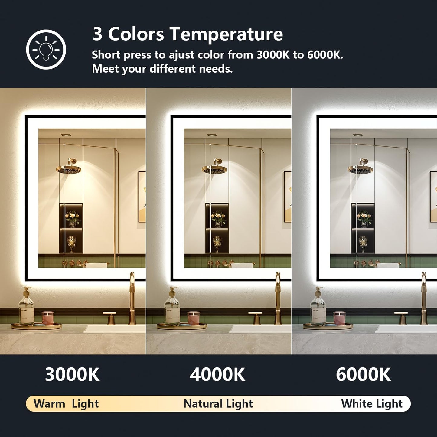 28x32 Inch LED Bathroom Mirror with Lights (Front Lit and Backlit) Black Framed Lighted Vanity Mirror for Bathroom Wall Dimmable Anti-Fog Memory Tempered Glass Horizontal/Vertical