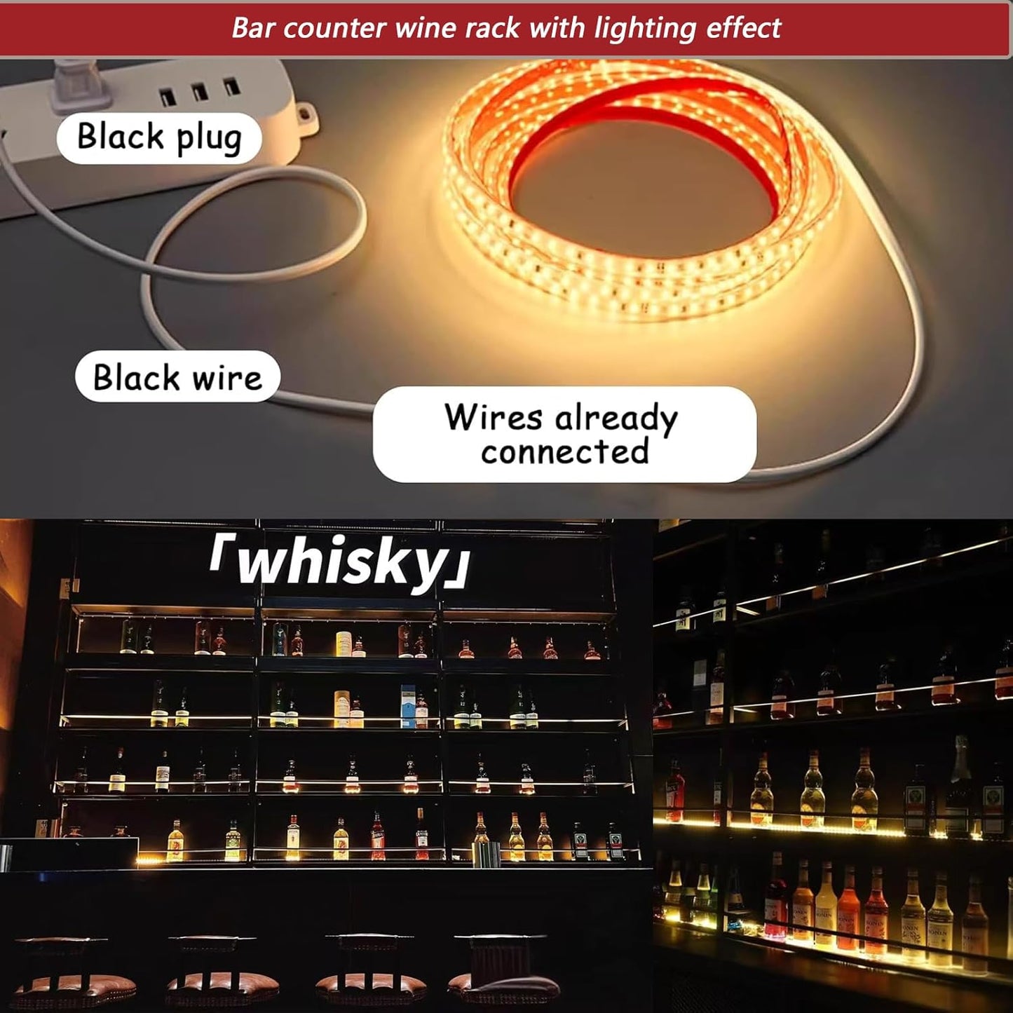 55in Wall-Mounted Metal Wine Rack with LED Lights 3-Tier Floating Bar Shelves with Wine Glass Rack Large Wine Bottle Display Rack Hanging Shelf, for Home Bar Dining Room Decorative (black, 140cm/55in)