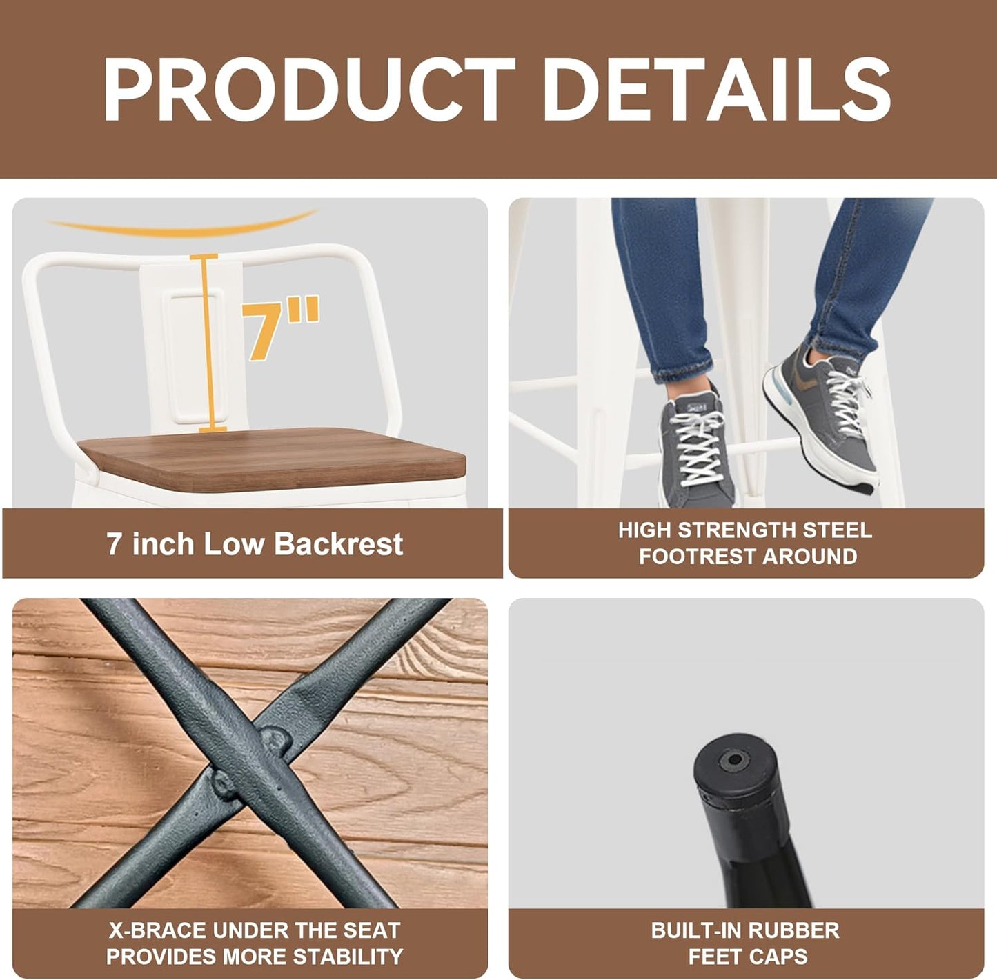 Yongchuang 30 inch Bar Stools Set of 2 Kitchen Bar Height Chairs with Wood Seat Industrial Low Back Metal Barstools Cream White