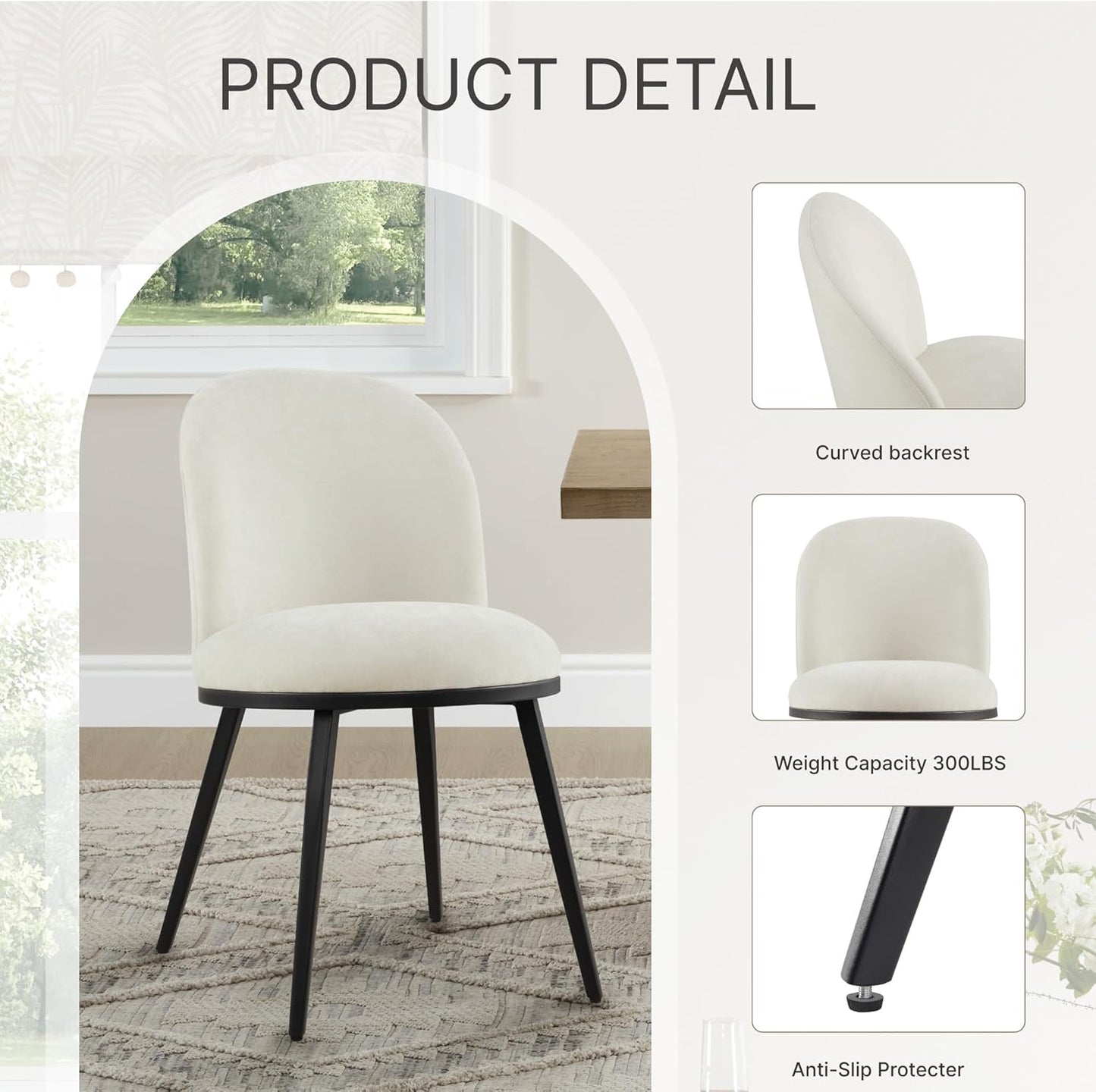 Dining Chairs Set of 4, Fabric Upholstered Dining Room Chairs with Ergonomic Backrest & Metal Legs, Modern Kitchen Side Chairs for Home, Restaurant, and Café, Ivory, 2 Boxs