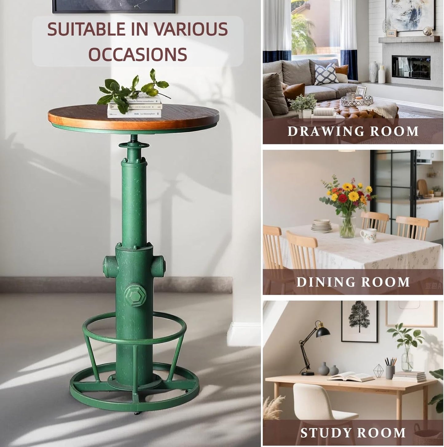 Farmhouse Bistro Bar Table Vintage Round Pub Table Industrial Coffee Table Breakfast Dinner Table for 2-3 People 38.6-44.4inch Height Adjustable Swivel Wooden Table Top