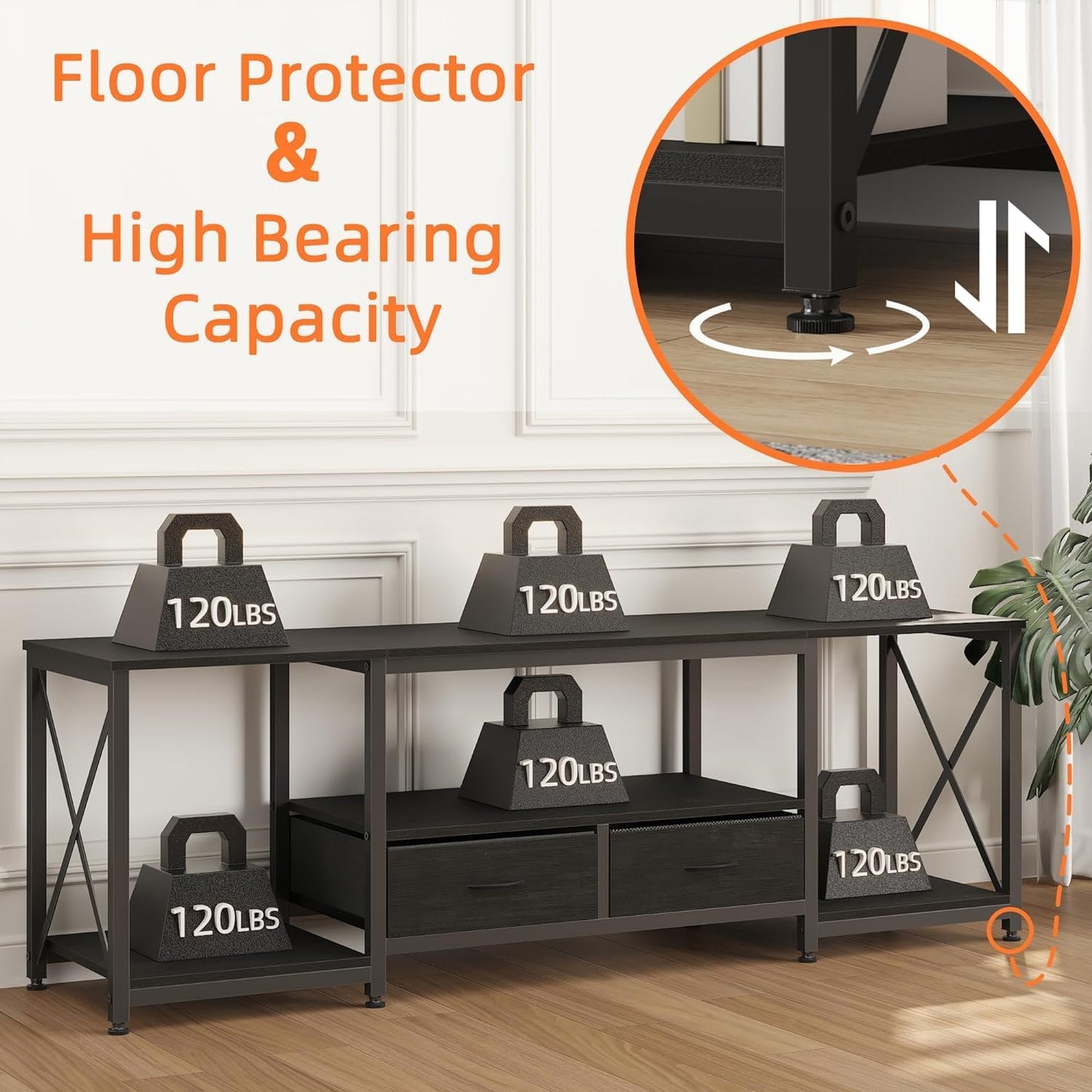 TV Stand with Fabric Drawer for 50 55 Inches TV - Entertainment Center and Industrial TV Console Table with Open Storage Shelves for Living Room, Bedroom - 47" Black