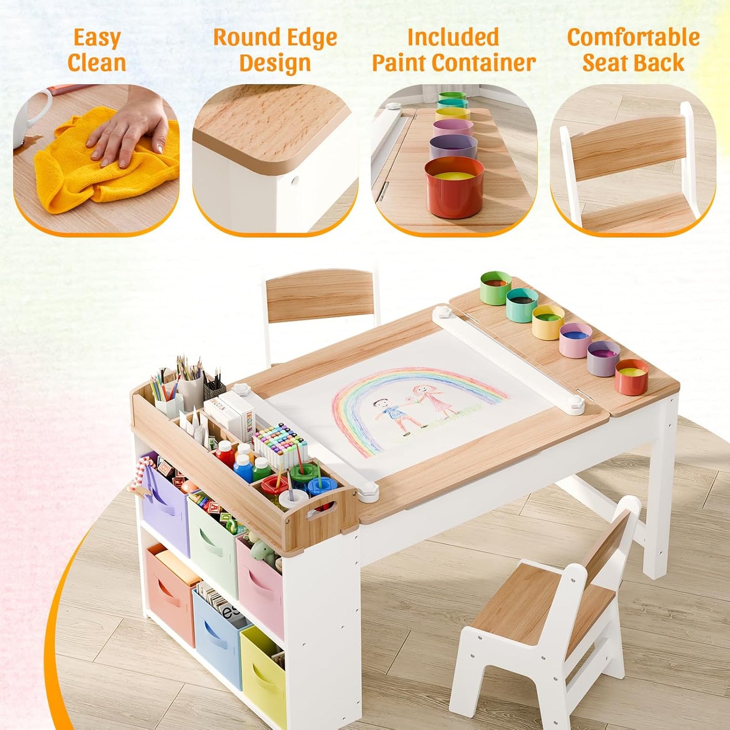 Kids Art Table and Chair - Toddler Craft Table and Chairs Set with 2 Chair & Bins, Kids Activity Desk with Paper Roll for Playrooms & Classroom, 44" L x 24" W, Natural