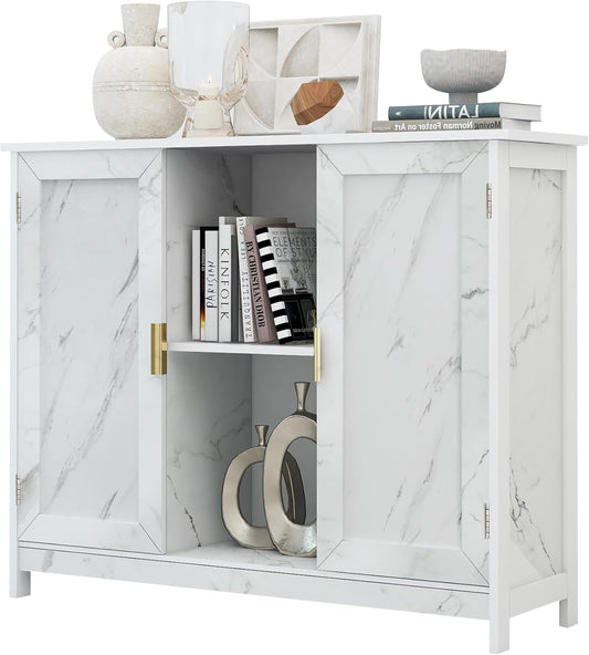 TaoHFE Marble Top Narrow Sideboard Cabinet,Modern White Marble Side Buffet Cabinet with Storage,Kitchen Island Narrow Sideboard for Kitchen for Living Room